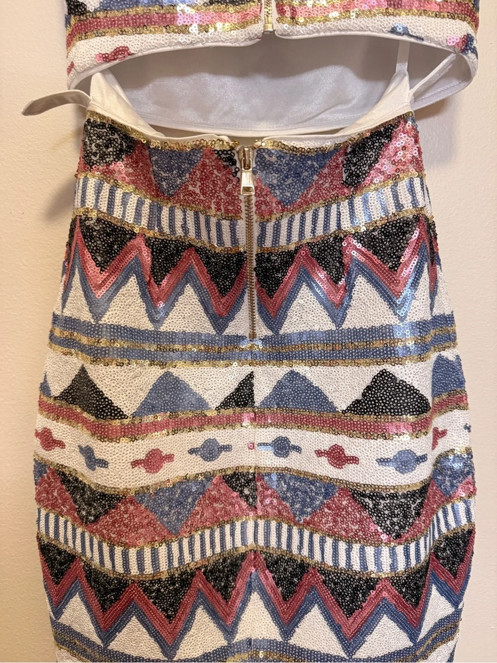 bebe Multicolor Geometric Crop Top & Mini Skirt Set - White, Blue, Red, Black
